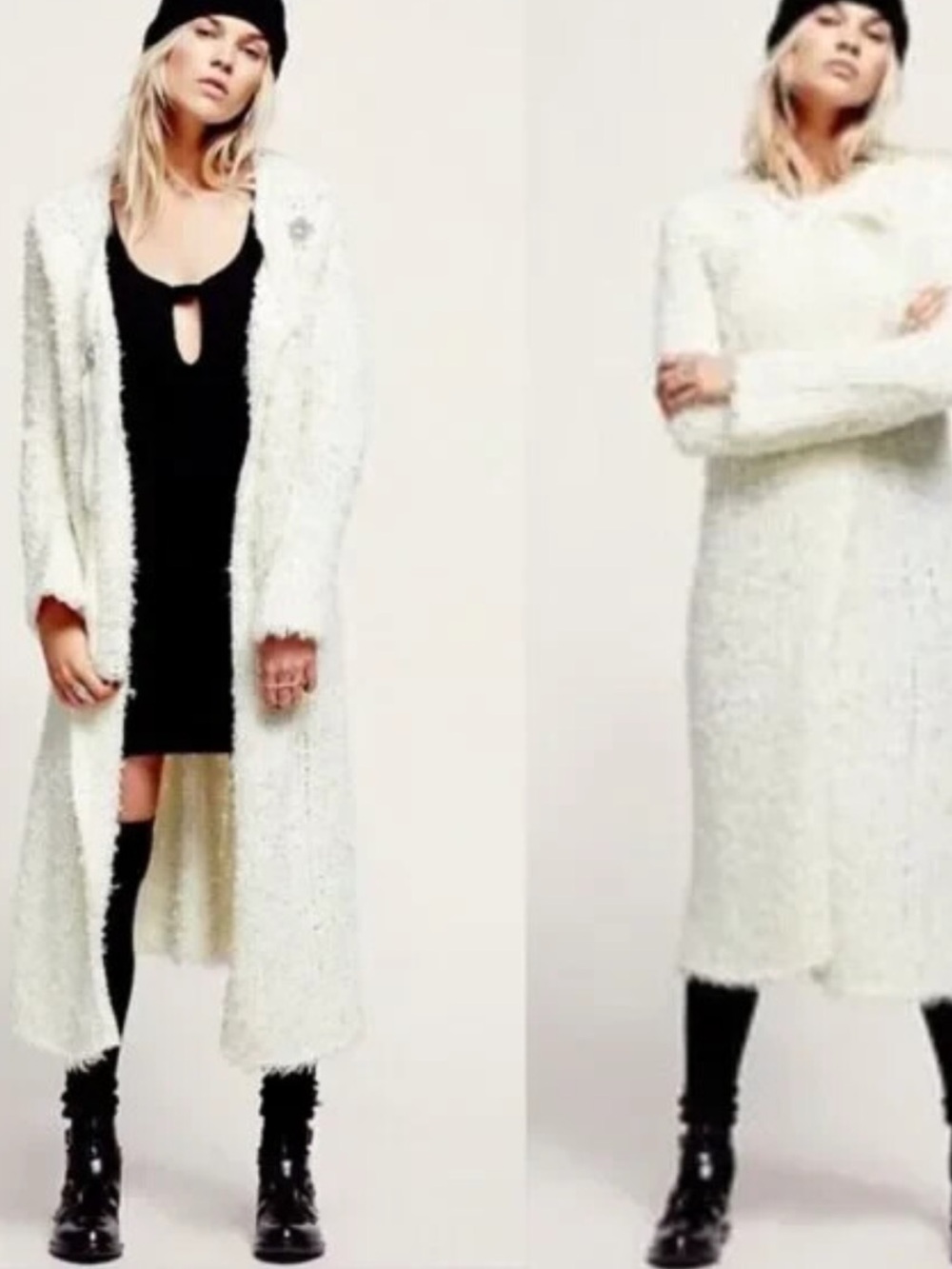 Free People Shaggy Fuzzy Long Cardigan Duster Sweater Coat Ivory Size S